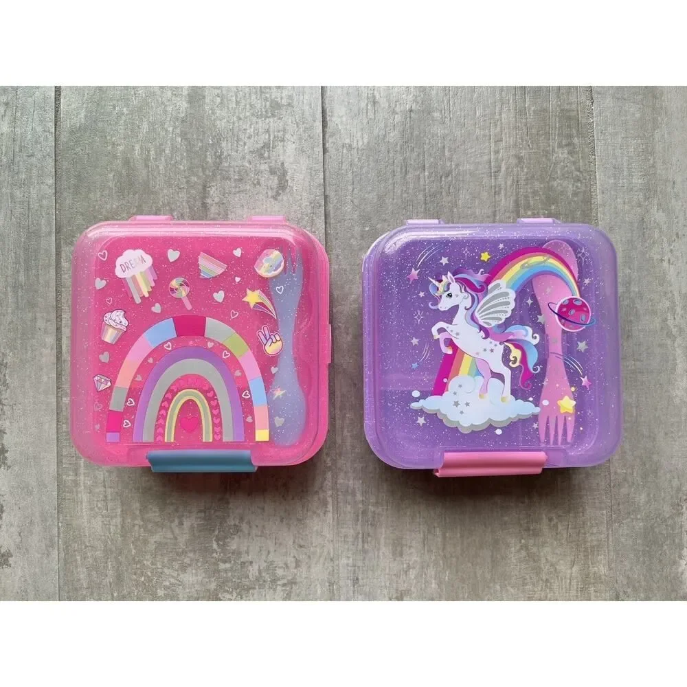 Set Lot of 2 Toddler Girls Kids Pink Purple Unicorn Rainbow Lunch Bento Box EUC